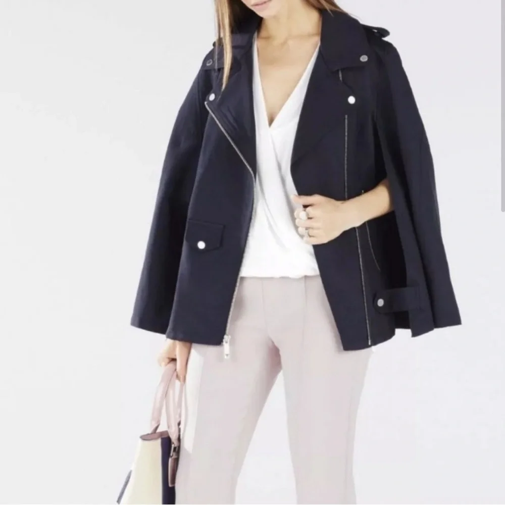 BCBGMAXAZRIA Asymmetrical Cape Sm Black Moto Poncho Jacket Structured Utility - Picture 2 of 8